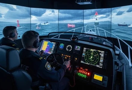 Officers operating vessel controls in immersive maritime navigation simulator.