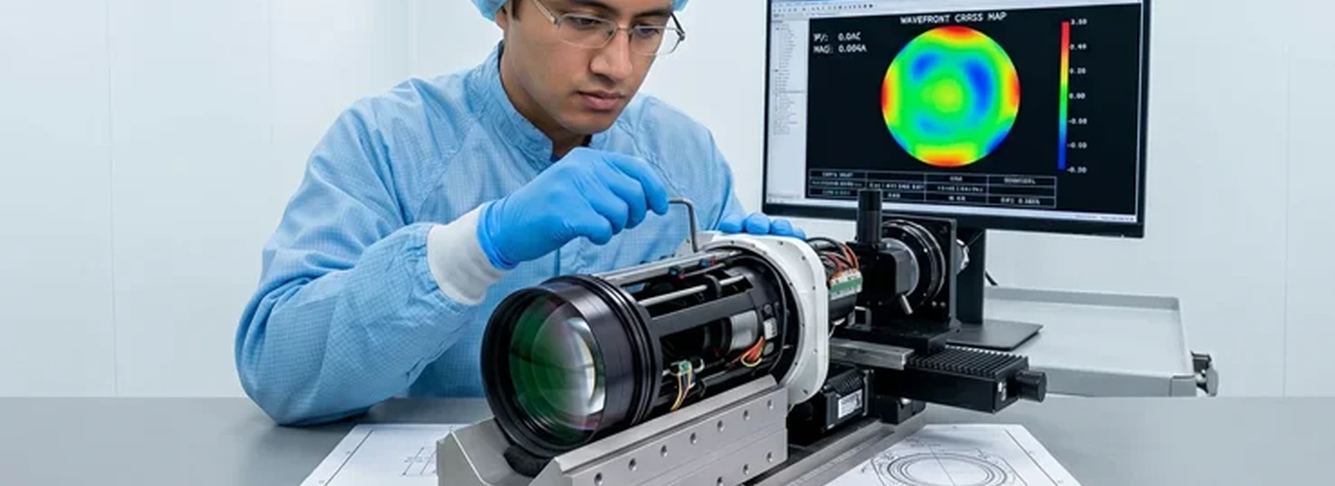 Technician adjusting precision optical lens assembly with wavefront analysis display.