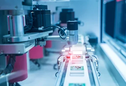 Automated optical inspection system scanning electronic circuit boards.